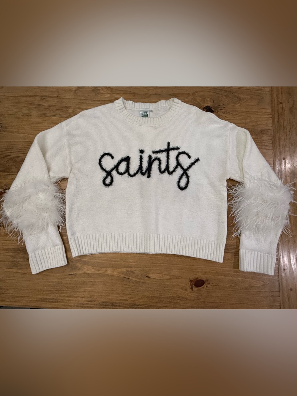 Queen of Sparkles New Orleans Saints Feather Sleeves Ivory Sweater